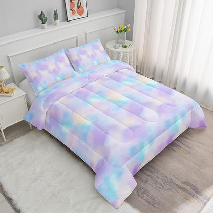 Axolotl Tie Dye Bedding Set Twin,Pink Blue Purple Comforter Set,Boho Psychedelic Bedding Colorful Tie Dye Pastel Comforter Set,Rainbow Bedding Set for Kids Girls Teens Women,1 Quilt 2 Pillowcases