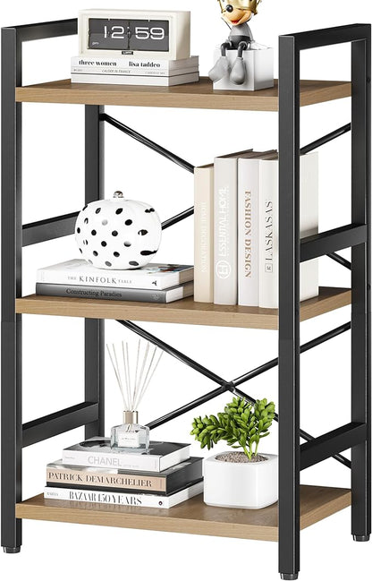 Bookshelf, 3 Tier Industrial Bookcase, Metal Small Bookcase, Rustic Etagere Book Shelf Storage Organizer for Living Room, Bedroom, and Home Office(Light Coffee) Patent Pending D29873033