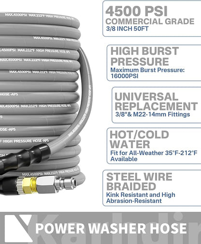 Pressure Washer Hose 50FT 3/8" for Cold and Hot Water 212°F, with Swivel Quick Connect, 4500PSI Kink Resistant Grade Steel Wire Braided, Power Washer Hose With 2pcs M22-14mm Adapter