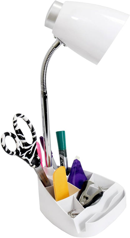 Simple Designs LD1002-WHT Gooseneck Organizer Desk Lamp with iPad Tablet Stand Book Holder, White