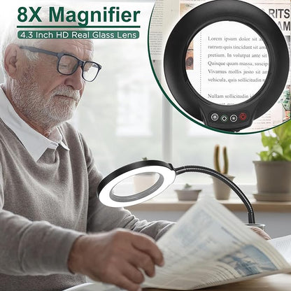 8X Magnifying Glass with Light and Stand, 5 Color Modes Stepless Dimmable Flexible Gooseneck Magnifying Desk Lamp, LED Lighted Magnifier Hands Free for Craft Reading Painting Close Work Hobby