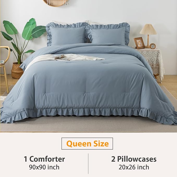 Andency Grayish Blue Queen Comforter Set(90x90Inch), 3 Pcs(1 Ruffle Comforter and 2 Pillowcases) Solid Bedding Comforter Sets for Queen Bed, Lightweight and Fluffy Soft Microfiber Bedding Set