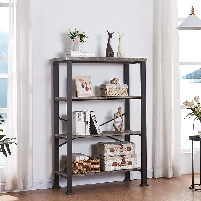 HOMBAZAAR Bookshelf, 4-Tier Vintage Industrial Book Shelf, Rustic Wood and Metal Bookcase and Bookshelves, Free Standing Storage Large Bookshelf for Living Room, Bedroom and Kitchen, Grey Oak