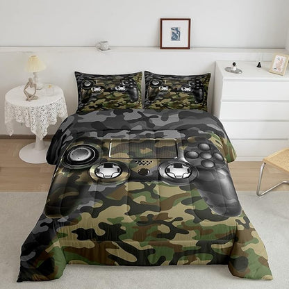 Feelyou Kids Gamer Comforter Set Camouflage Gaming Bedding Set for Boys Teens Bedroom Green Black Camo Video Game Decor Comforter Gamer Console Quilt Set Twin Size Duvet Quilted 2Pcs