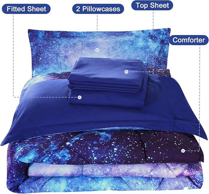 Wowelife Galaxy Bedding Twin Outer Space Comforter Set 5 Pieces Blue Cosmic Galaxy Bed Set Kids Bed in A Bag Twin for Teen Boys and Girls with Comforter, Flat Sheet, Fitted Sheet and 2 Pillowcases