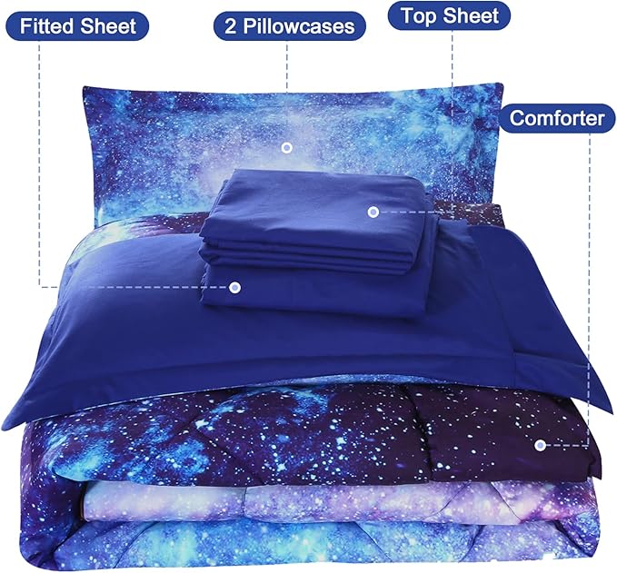 Wowelife Galaxy Bedding Comforter Set Full 5 Pieces Blue Outer Space Kids Full Size Comforter Bed Set for Teen Boys and Girls Lightweight with Comforter, Flat Sheet, Fitted Sheet and 2 Pillowcases