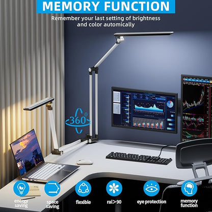 LED Desk Lamp,Swing arm with clamp11W,10 Color Modes Touch Control,Table Lamps with 10 Levels Brightness,Reading Desk Lamps 360 Degree Spin with USB Adapter & Memory Function Silver