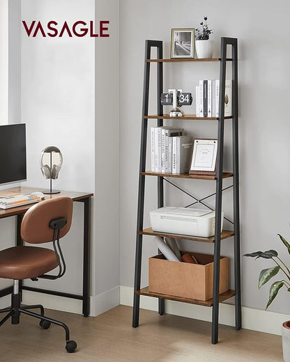 VASAGLE Ladder Shelf, 5-Tier Bookshelf, Storage Rack, Bookcase with Steel Frame, Wood Look Accent Furniture with Metal Frame, 22.1 x 13.3 x 67.7 Inches, Rustic Brown ULLS45X