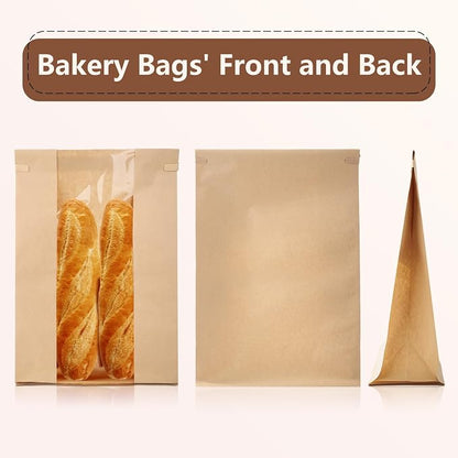 100 Pack Paper Bread Loaf Bakery Bags with Window 13.8x8.3x3.5 Inch Kraft Sourdough Bread Baking Bags for Baked Food Packaging Storage