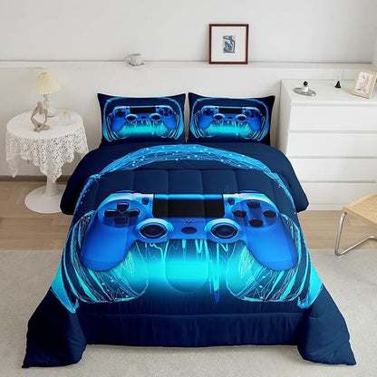 Gamer Comforter Set King Size,Blue Headphones Musical Design Games Gamepad Bedding Set for Kids Boys Video Game Room Decor Retro Playing Gamer Down Comforter Gaming Controller Quilted Duvet Set