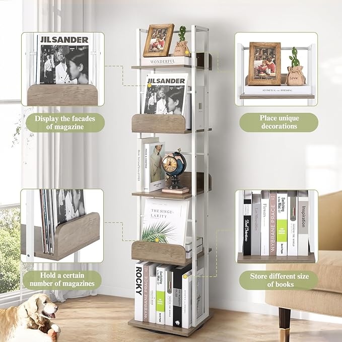 Bikoney Bookshelves 5-Tier, Rotating Bookshelf Tower for Corner, Small Bookcase, Tall Industrial Bookshelf, Narrow Bookshelf, Wood and Metal White