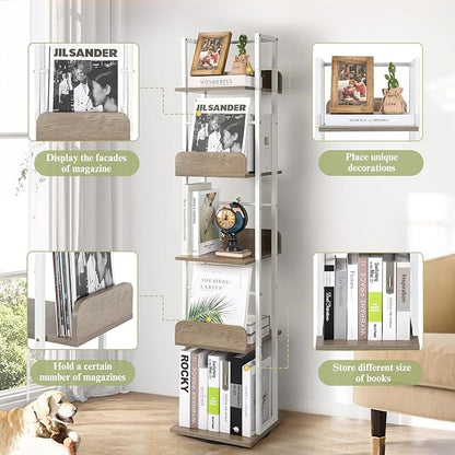 Bikoney Bookshelves 5-Tier, Rotating Bookshelf Tower for Corner, Small Bookcase, Tall Industrial Bookshelf, Narrow Bookshelf, Wood and Metal White