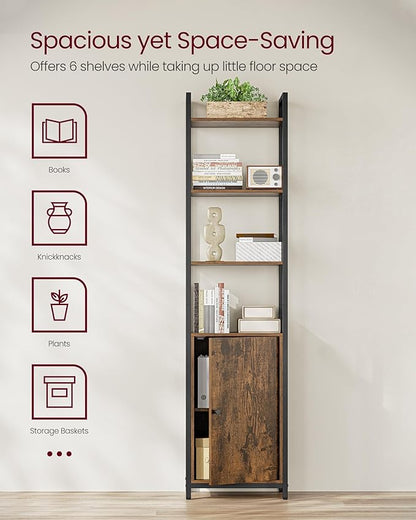 VASAGLE 6-Tier Bookshelf, Tall Bookcase with Door, Steel Frame, Adjustable Shelves, 9.4 x 15.7 x 62.8 Inches, Living Room Bedroom, Rustic Brown and Ink Black ULLS132K01