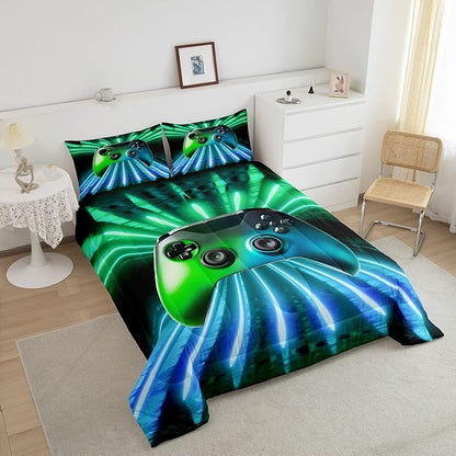 Erosebridal Green Blue Gamepad Comforter Set, Game Player Bedding Set Full Size Modern Gamer Gaming Quilted Duvet Neon Trippy Duvet Set for Kids Boys Girls Teens Young Man Room Decorative