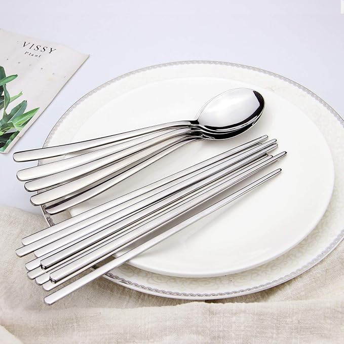 IQCWOOD Spoons and Chopsticks Set, 5 Pairs Stainless Steel Flat Chopsticks, 5 Set Korean Spoons, Metal Reusable Chop Sticks Dishwasher Safe for Home, Kitchen or Restaurant