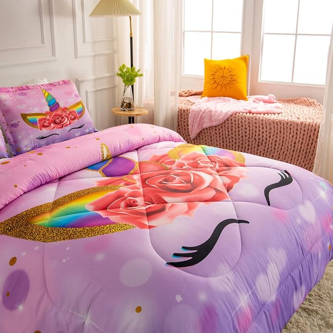 Unicorn Full Bedding Sets for Girls Kids Comforter Set Full Size with 2 Pillowcases Purple Unicorn Room Decor for Girls Bedroom Ultra Soft Machine Washable Toddler Bed Set