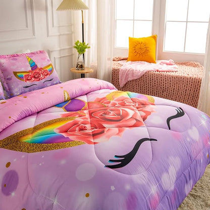 Unicorn Twin Bedding Sets for Girls Kids Comforter Set Twin Size with 2 Pillowcases Purple Unicorn Room Decor for Girls Bedroom Ultra Soft Machine Washable Toddler Bed Set