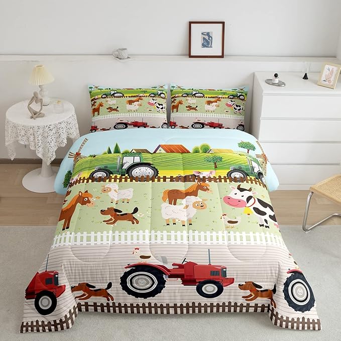 Tractor Bedding Sets for Boys King Size Toddler Kids Cute Cartoon Farm Animals Comforter Set Girls Children Farmhouse Country Down Comforter for All Season Colorful Room Decor Nature Theme Duvet Set