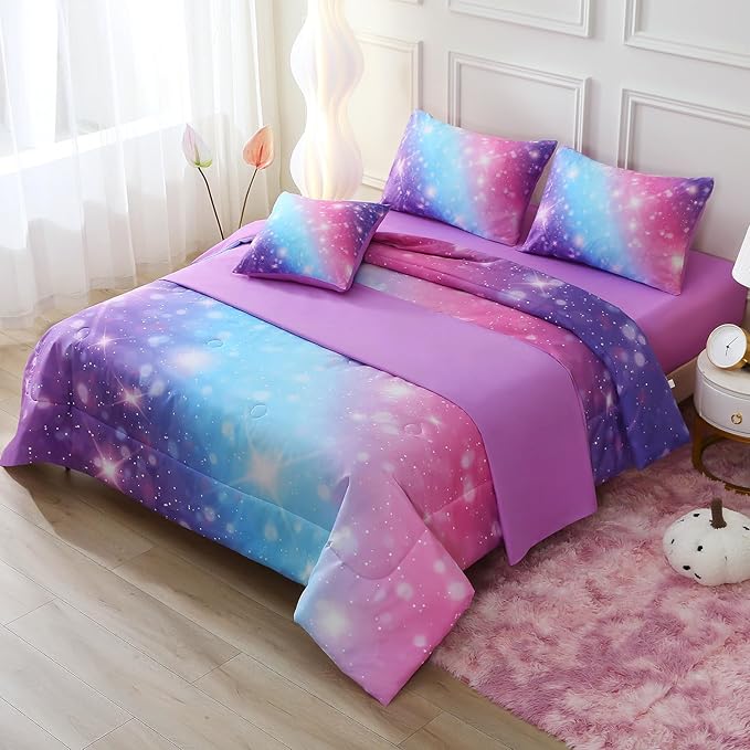 JQinHome Glitter Bedding Set Twin Size,6 Piece Bed in A Bag 3D Colorful Rainbow Galaxy Comforter Set for Girls Kids-All Season Microfiber Tie-Dye Bedding Sets(Blue Purple)