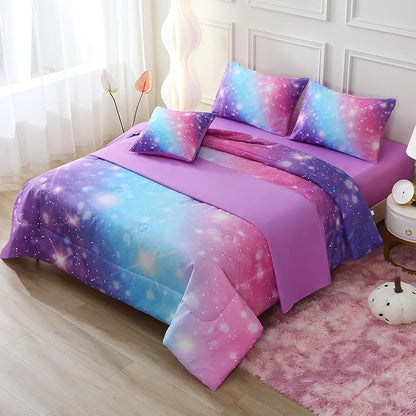 JQinHome Glitter Bedding Set Twin Size,6 Piece Bed in A Bag 3D Colorful Rainbow Galaxy Comforter Set for Girls Kids-All Season Microfiber Tie-Dye Bedding Sets(Blue Purple)