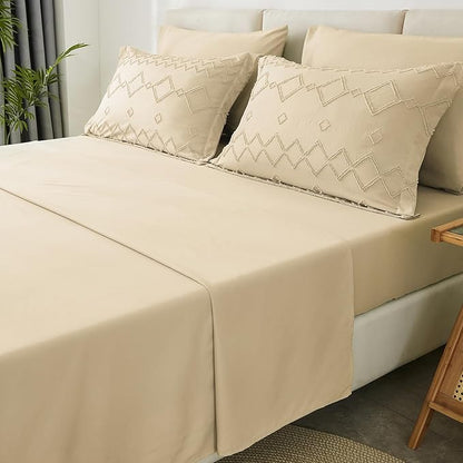 EMME Queen Comforter Set - 7 Pcs Beige Boho Bedding Sets, Full Size Tufted Comforter with Sheets, Shabby Chic Embroidery Queen Bed Set Fluffy Bed Bag for All Season(90"X90")