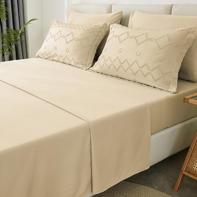 EMME Twin Comforter Set - 5 Pcs Beige Boho Bedding Sets, Tufted Comforter with Sheets, Shabby Chic Embroidery Twin Bed Set Fluffy Bed Bag for All Season(68"X90")