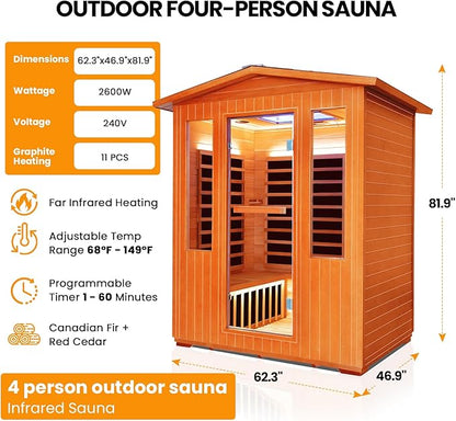4 Person Outdoor Sauna Far Infrared Saunas Dry Sauna Room Wood Wooden Sauna Outdoor and Red Cedar Low EMF 2600W/240V with Oxygen Bar, 7 Color Light, Control Panel, Speaker - 62.2 * 46.9 * 81.9 in