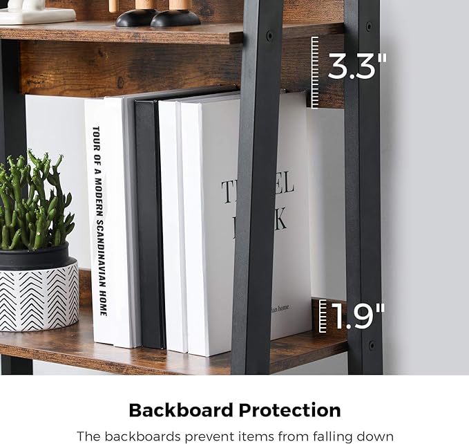 VASAGLE Bookshelf, 4-Tier Bookcase, Ladder Shelf for Home Office, Living Room, Bedroom, Kitchen, Rustic Brown and Ink Black ULLS054X01