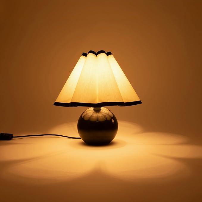 Brightech Blair LED Table Lamp - Small Modern Black Table Lamp with Marble Globe Base, Pleated Shade for Bedroom, Bedside, Side Table - Ambient Night Light with Soft White Light for Desk, Living Room