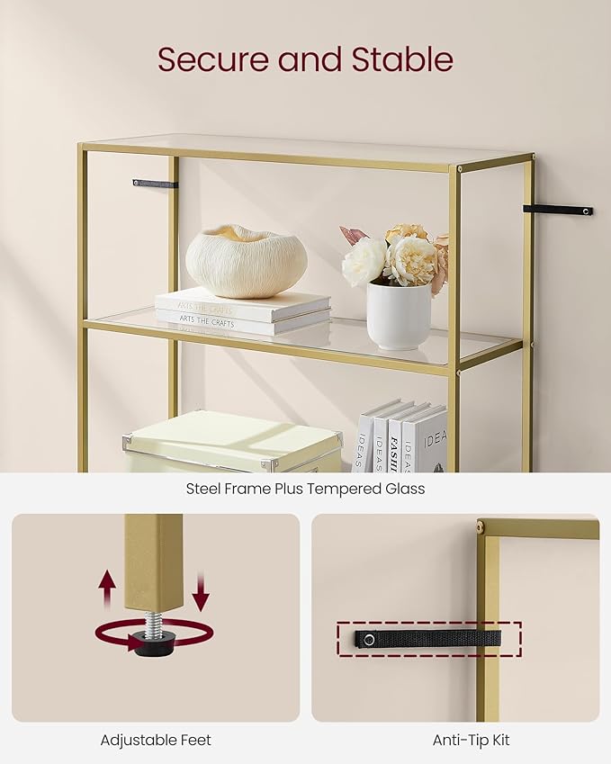 VASAGLE Bookcase, 6-Tier Bookshelf, Slim Shelving Unit for Bedroom, Bathroom, Home Office, Tempered Glass, Steel Frame, Metallic Gold ULGT503A01