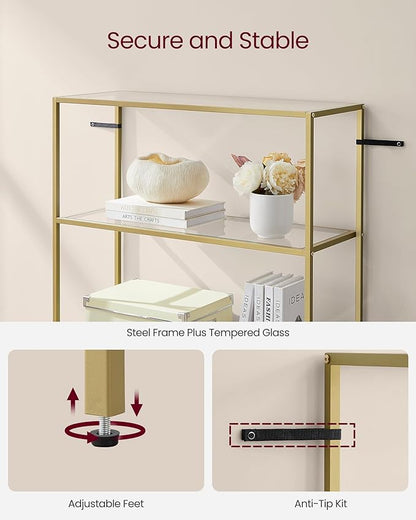 VASAGLE Bookcase, 6-Tier Bookshelf, Slim Shelving Unit for Bedroom, Bathroom, Home Office, Tempered Glass, Steel Frame, Metallic Gold ULGT503A01