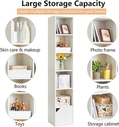IBUYKE 6 Tier Tall Narrow Bookcase, Modern White Corner Bookcase with Doors Storage,Cube Media Tower Rack,Cabinet,Floor Standing Display Storage Shelves for Small Spaces,for Home Office White UWBC001W