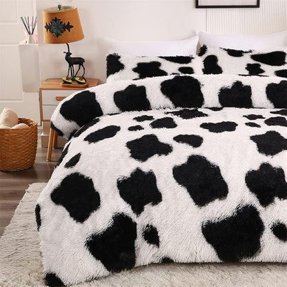 Faux Fur Kids Girls Cow Print Comforter Sets Twin/Full - 3PC Bed Set Warm Comfortable Soft Plush Flannel Velvet Fluffy Fuzzy Bedding（Comforter x 1 Pillowcases x 2）