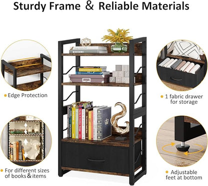 Small Bookshelf with Drawer: 4-Tier Wood Book shelf Industrial Narrow Bookcase Storage Organizer Metal Stackable shelves for Desktop Bedroom Living Room Home Office (Rustic Brown)