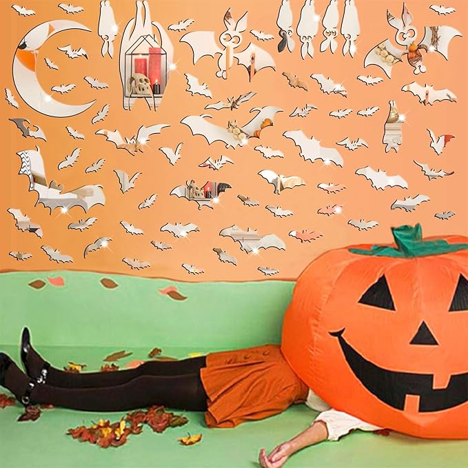 Easma Halloween Bats Wall Stickers 3D Scary Bats Decor for Door Decals Haunted House Party Decorations Silver Removable Halloween Wall Decal Peel and Stick for Kids Baby Bedroom Bathroom Playroom