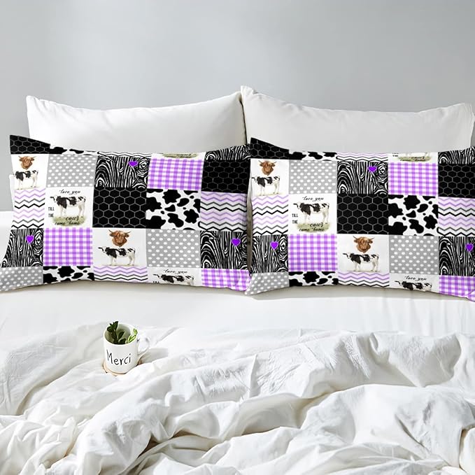 Erosebridal Cute Cow Print Comforter Set Full Size Kawaii Highland Cow Bedding Set Bedroom Decor Honeycomb Plaid Pattern Geometric Stripes Down Comforter Farm Animals Duvet Set, Purple Black Grey