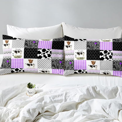 Erosebridal Cute Cow Print Comforter Set Full Size Kawaii Highland Cow Bedding Set Bedroom Decor Honeycomb Plaid Pattern Geometric Stripes Down Comforter Farm Animals Duvet Set, Purple Black Grey