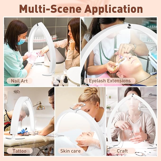 HITTI Half Moon Light for Nail Desk with Phone Holder, Foldable Nail Tech Light, Lash Table Lamp with Wire Controller & Remote, 7 Color Modes 10 Brightness for Extension Tattoo Craft Beauty - White