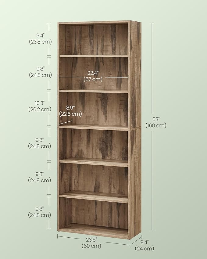 VASAGLE Bookshelf, 23.6 Inches Wide, 6-Tier Open Bookcase with Adjustable Storage Shelves, Floor Standing Unit, Camel Brown ULBC166T50