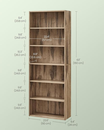 VASAGLE Bookshelf, 23.6 Inches Wide, 6-Tier Open Bookcase with Adjustable Storage Shelves, Floor Standing Unit, Camel Brown ULBC166T50