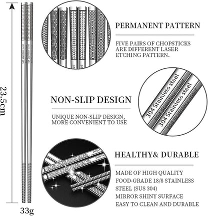 Metal Chopsticks Reusable 316 Stainless Steel Chopsticks Multipack Dishwasher Safe Chop Sticks Square Fancy Laser Engraved Non-slip Korean Chopstick for Cooking Eating 9.45 Inches 5 Pairs Gift SetS
