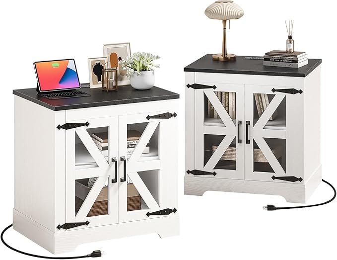 Farmhouse Side Table - 24" Large Night Stand Set 2, Wood Nightstand with Charging Station, Bedside Table with Adjustable Shelf, End Tables Living Room, Rustic Bed Side Tables Bedroom, White