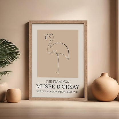 Poster Master Vintage Poster - Retro Minimalist Print - Gift for Artist, Housewarming - Flamingo, Line Drawing, Sketch, Abstract - Wall Decor for Living Room, Bedroom, 16x20 Beige Framed