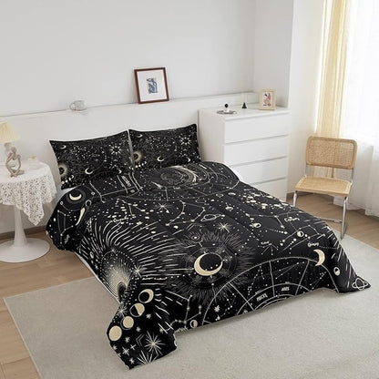 Feelyou Sun and Moon Comforter Set Boho Exotic Bedding Set Galaxy Astrology Comforter for Boys Girls Children Teens Bedroom Decor Chic Cute Luxury Zodiac Signs Duvet Set Queen Size Quilt Set