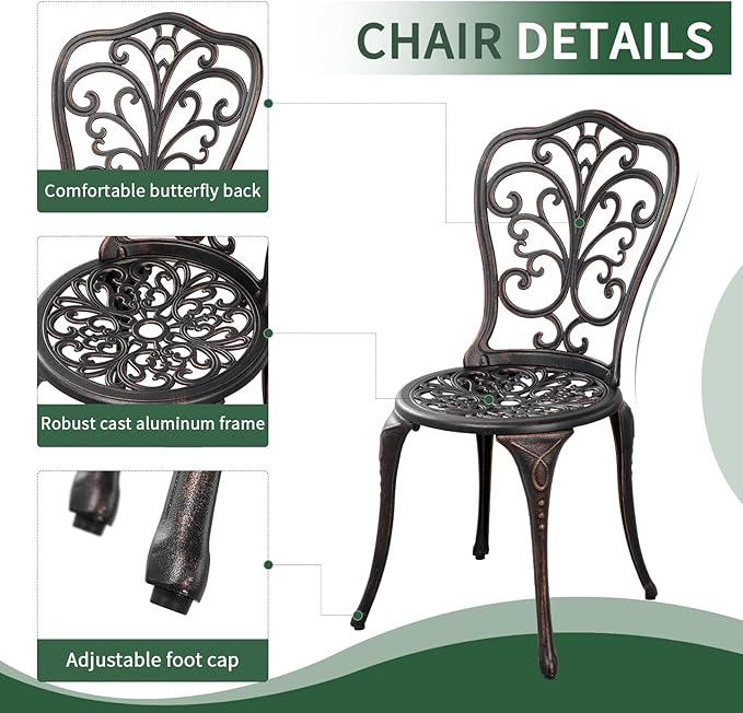 3 Piece Patio Set Metal Bistro Set,Cast Aluminum Outdoor Bistro Table and Chairs Set of 2 with Umbrella Hole,All Weather Patio Bistro Sets for Front Porch Set Garden,Backyard(Bronze)
