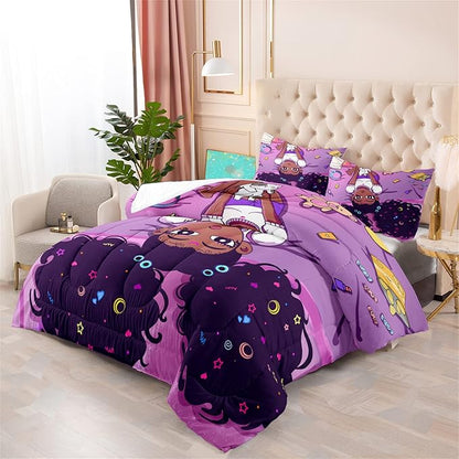 Pink Black Girl Comforter Sets for Girls, Soft African American Girls Full Size Comforter Sets for Girls Teens, 3Pcs Little Fluffy Afro Gilr Comforter Bedding Set with 2 Pillowcases, Full Size