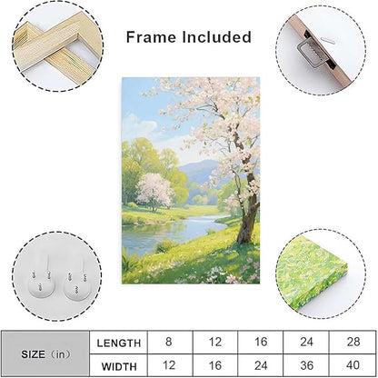 The scenery of a stream between trees and cherry blossoms under the blue sky is suitable for posting in the living room bedroom office landscape posters
