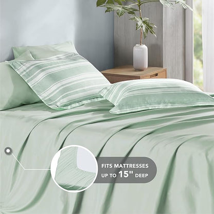 Codi Bed in a Bag Twin Size Complete Set, Sage Green White Striped Single Comforter Set 5 Piece for Teen, Modern Neutral Cationic Dyeing Bed Sets with Comforter, Sheets, Pillowcases & Shams