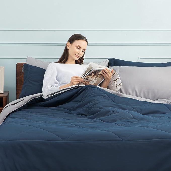 Bedsure Navy Bed Sets Twin - 5 Pieces Reversible Twin Comforter Sets, Twin Bedding Set with Comforters, Sheets, Pillowcase & Sham