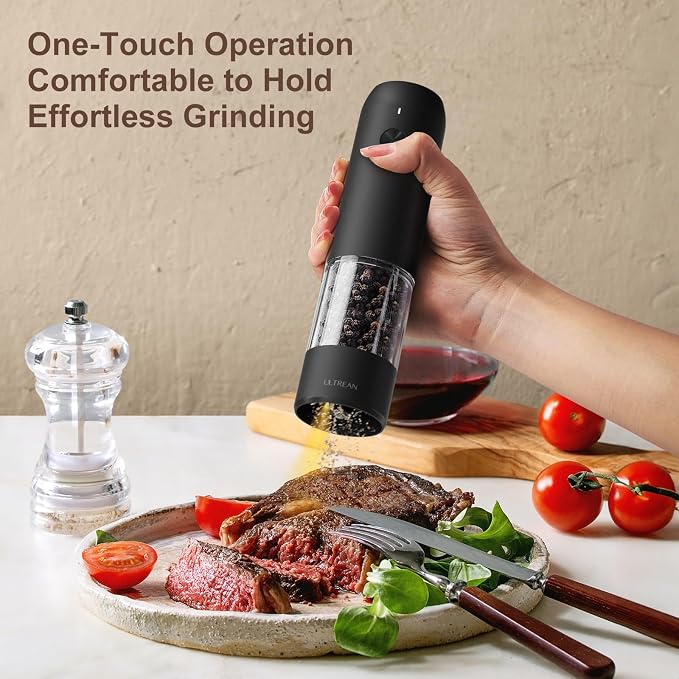 Ultrean Pepper Grinder, Rechargeable Salt and Pepper Grinder with 6 Adjustable Coarseness, LED Light, Automatic Grinder for Kitchen, Home and Kitchen Appliances Birthday Gifts for Women, Black